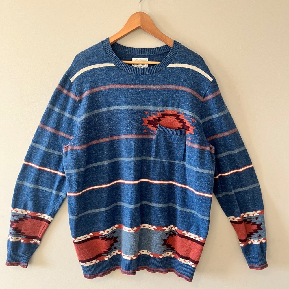 Lucky Brand Southwestern Striped Sweater Blue XXL Chest Pocket Cotton